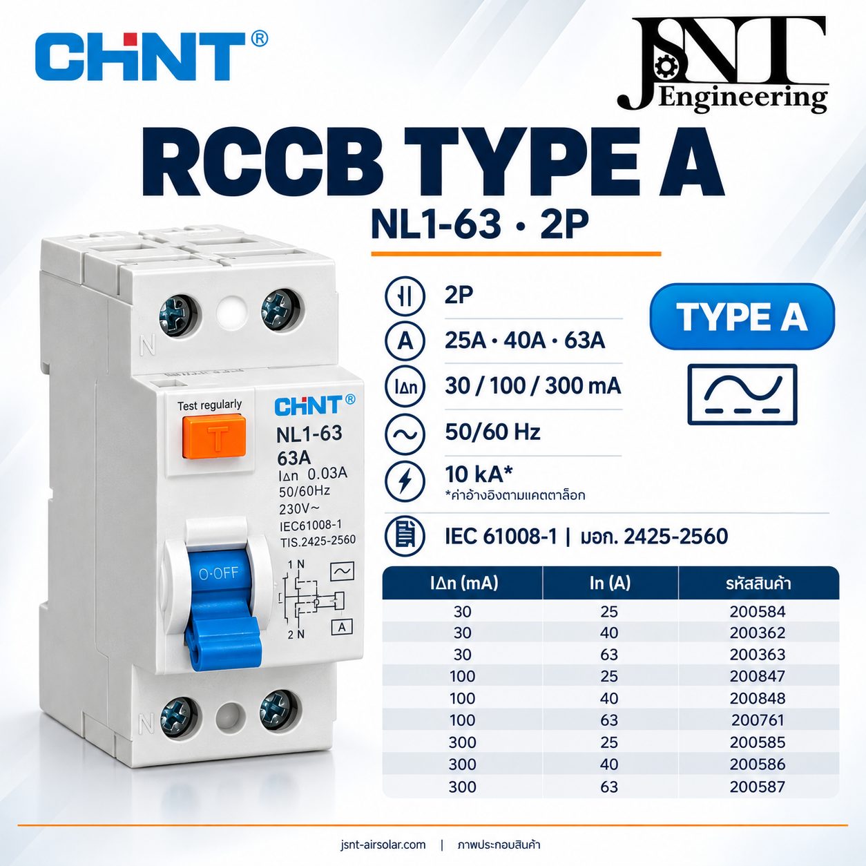 เบรกเกอร์กันไฟรั่ว RCCB Type A 2P ยี่ห้อ Chint NL1-63